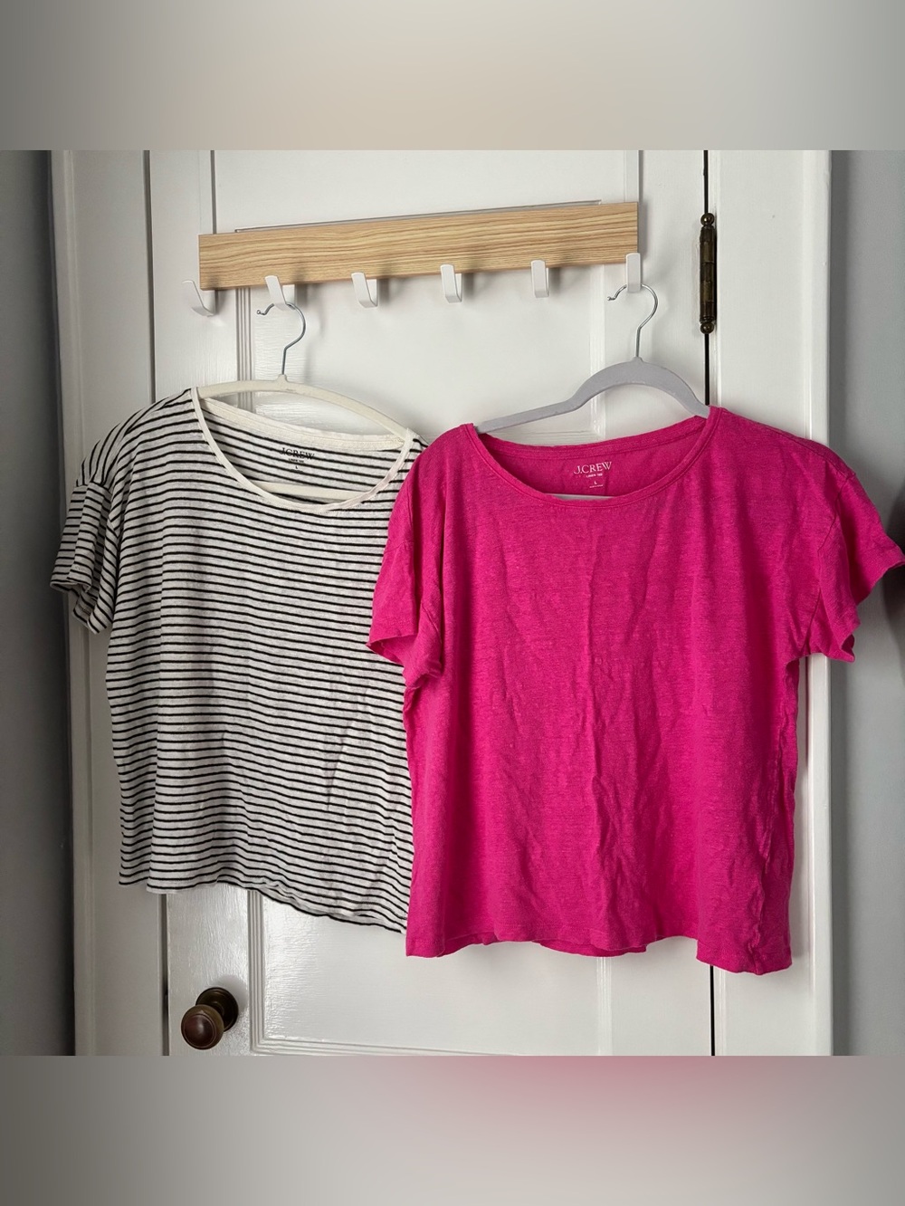 ( Set of 2) J.Crew 100% Linen Boxy Relaxed Tees 1 Bright Pink 1 Olive Stripe